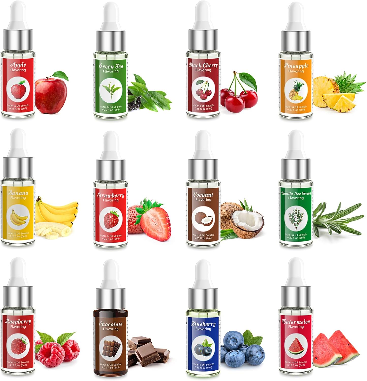 Nomeca Food Flavoring Oil, Candy Flavors Strawberry Chocolate Vanilla Flavoring Extract for Baking Cooking and Lip Gloss Making, Water & Oil Soluble - .2 Fl Oz / 6 ml with Droppers (Pack of 12)