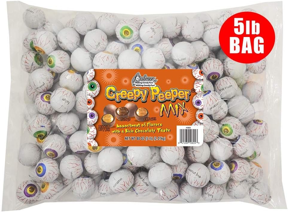 R.M. Palmer Creepy Peeper Mix - (Approx. 185 Pieces) Bulk Bag, Fun Sized Halloween Eyeballs Themed Treats, Candy, and Snacks (5 LB) DOUBLE CRISP ONLY