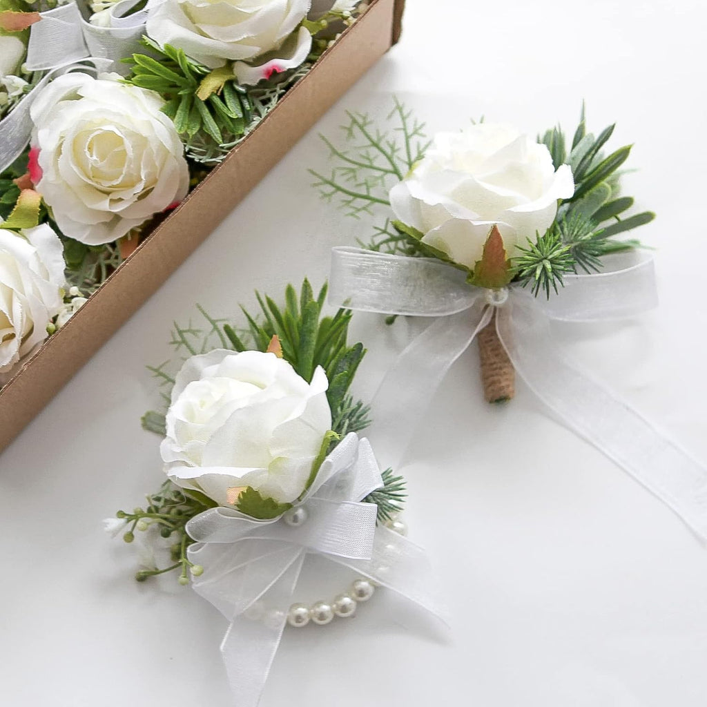 Floroom 3pairs Ivory Rose Wrist Corsage Wristlet Band Bracelet and Men Boutonniere Set for White Wedding Prom