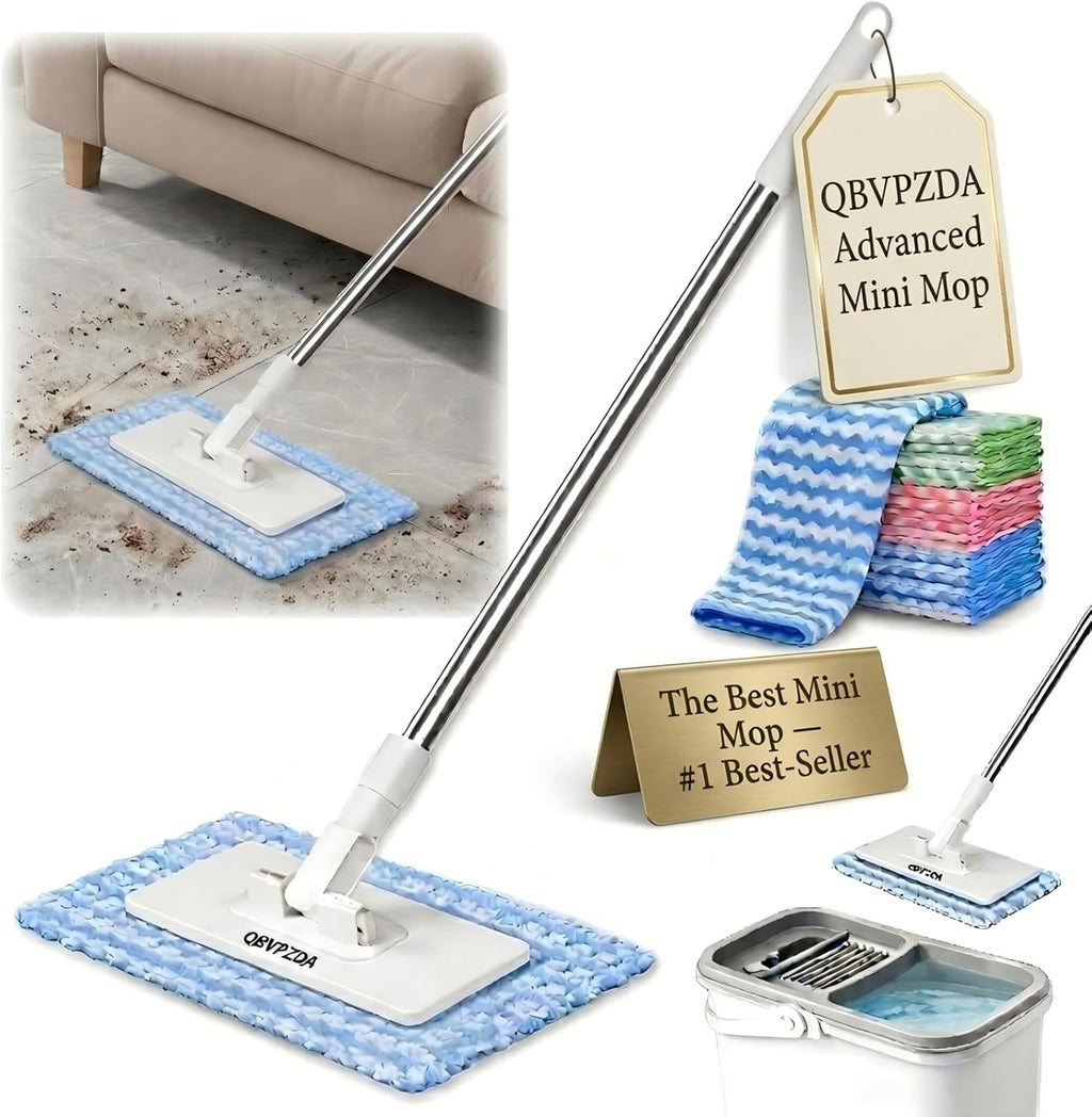 Convenient Cloth Changing Mini Mop Flat Push Design, Lazy Portable Self-Squeeze Mop Set, Wall-Mountable Durable Handle & Non-Slip Grip, Reusable Pads for Home Use with 5 Cloths Included