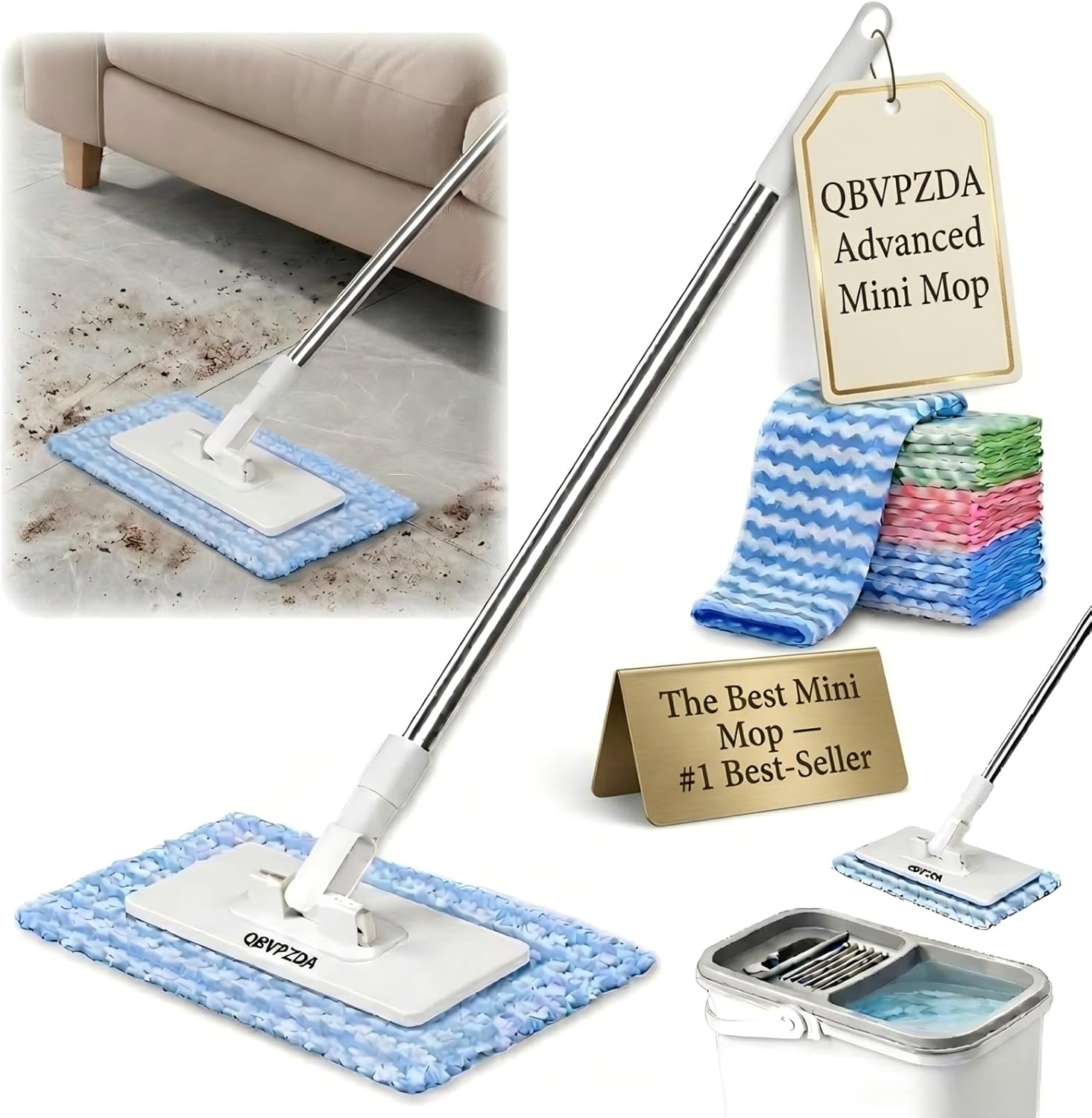 Convenient Cloth Changing Mini Mop Flat Push Design, Lazy Portable Self-Squeeze Mop Set, Wall-Mountable Durable Handle & Non-Slip Grip, Reusable Pads for Home Use with 5 Cloths Included