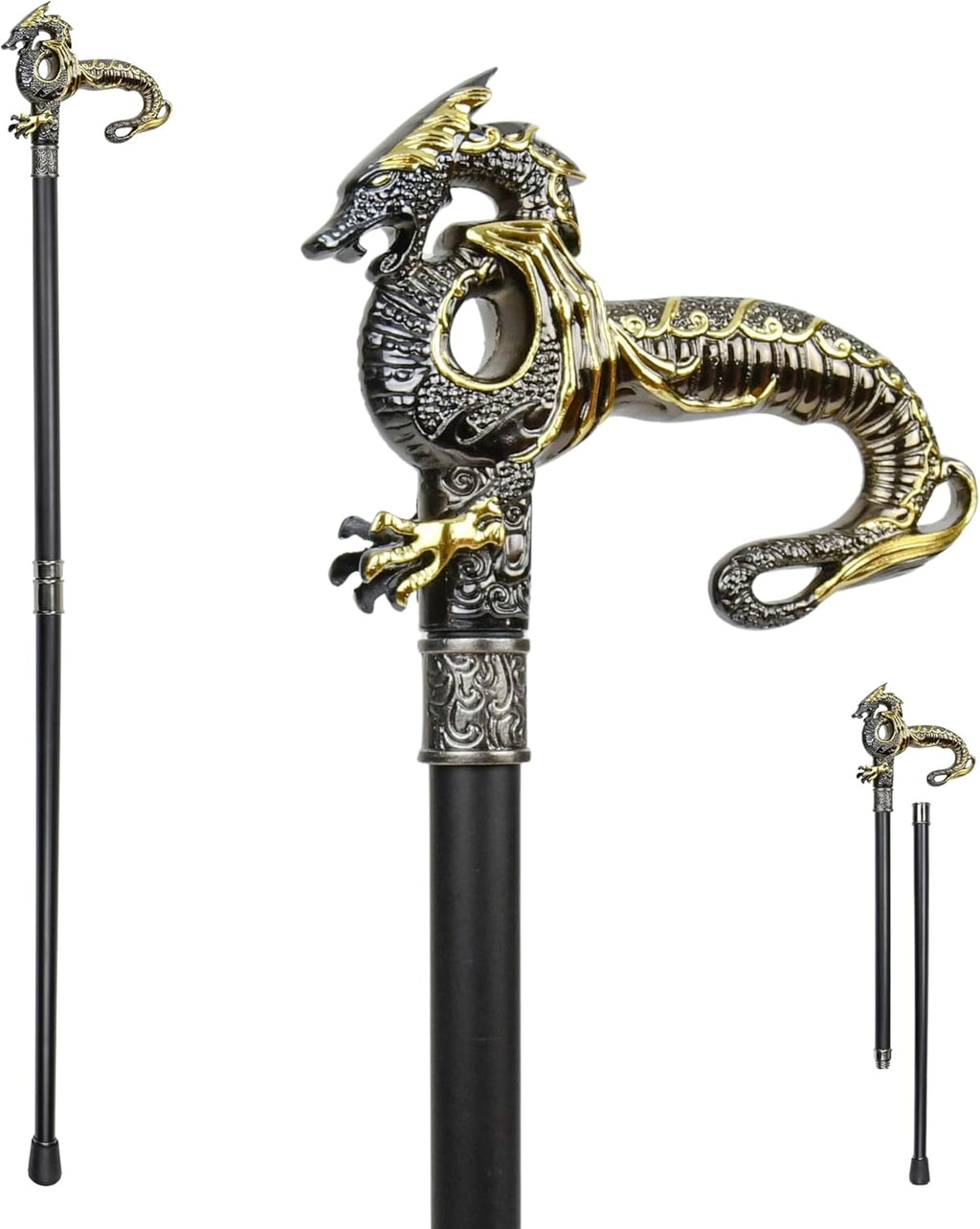 Gothic Dragon Cane Walking Stick - Single Point Walking Cane for Men, Seniors Balance - Collapsible 2 Pc Shaft Travel Stick For Mobility, Stability, Knee Support- Elderly Assistance Products, 37" Gold