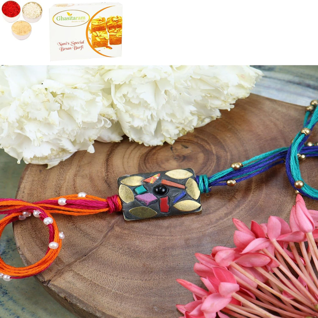 Ghasitaram Gifts Jaiccha Rakhi for Brother Rakhis Online ST24-037- Metal Mosaic Premium Rakhi with 400 gms of Besan Barfi