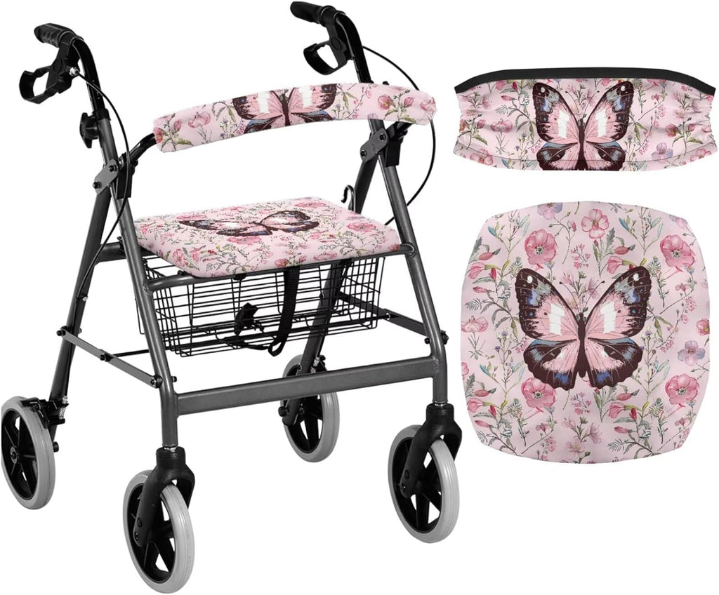 Walker Seat Cover Butterfly Pink Rollator Accessories Gifts for Seniors in Assisted Living Rollator Walker Accessories for Ladies Washable Dust Cover 2 Piece Anti Slip Seat Covers Set