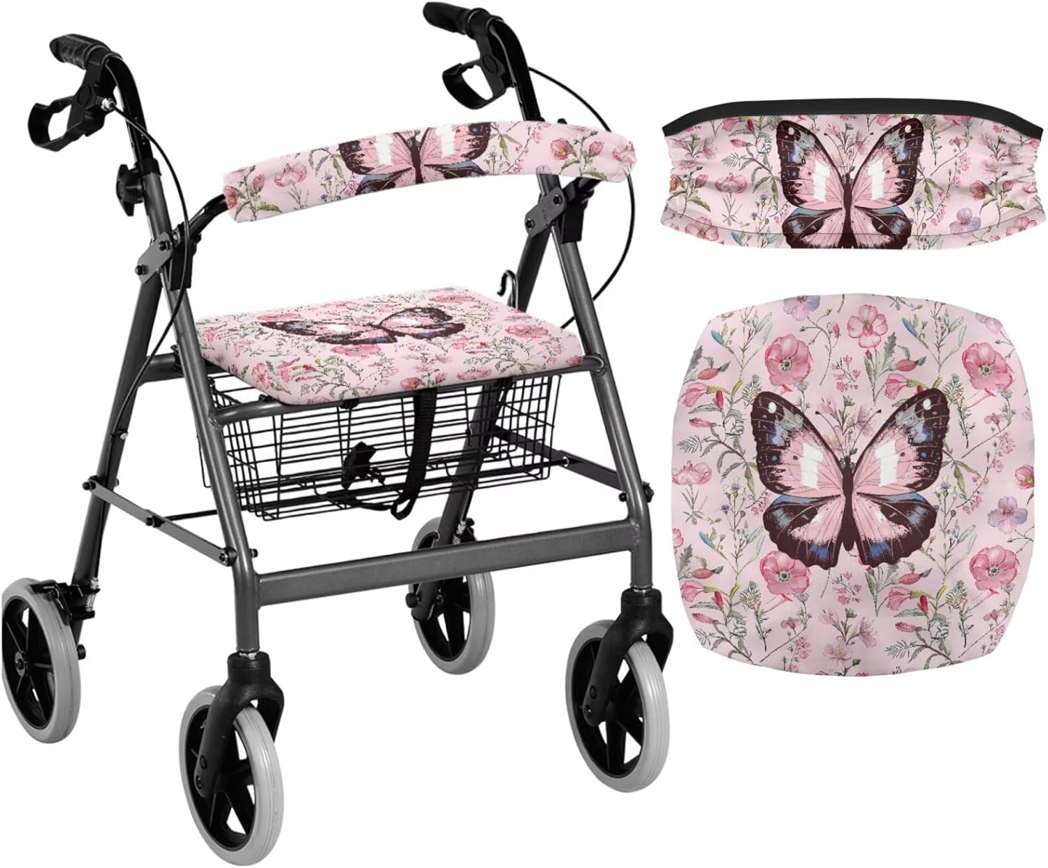 Walker Seat Cover Butterfly Pink Rollator Accessories Gifts for Seniors in Assisted Living Rollator Walker Accessories for Ladies Washable Dust Cover 2 Piece Anti Slip Seat Covers Set