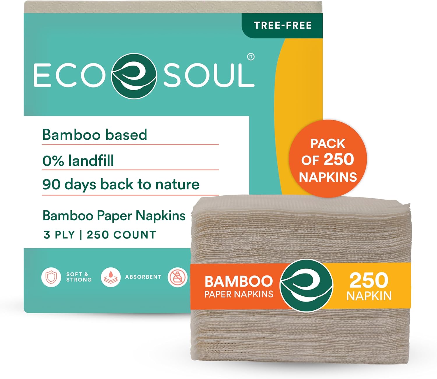 ECO SOUL 100% Compostable Bamboo Paper Napkin | Napkins Paper Everyday, Hand Paper Napkin (1, 250 Napkins set)