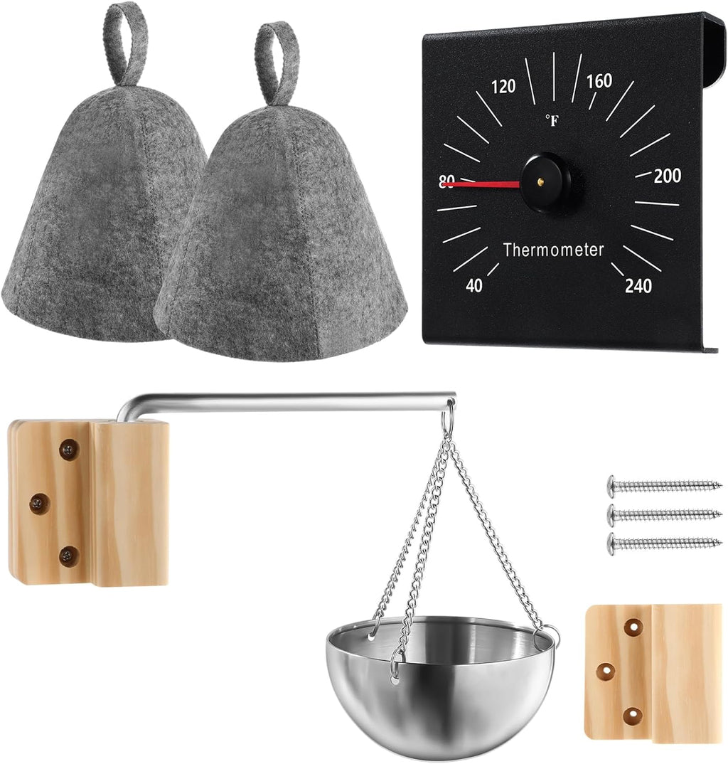 4 Set Sauna Oil Cup Aromatherapy Oil Holder Fragrance Diffuser Bowl and Aluminum Thermometer Fahrenheit and Sauna Hat Vaporarium Hat for Sauna Bath Spa