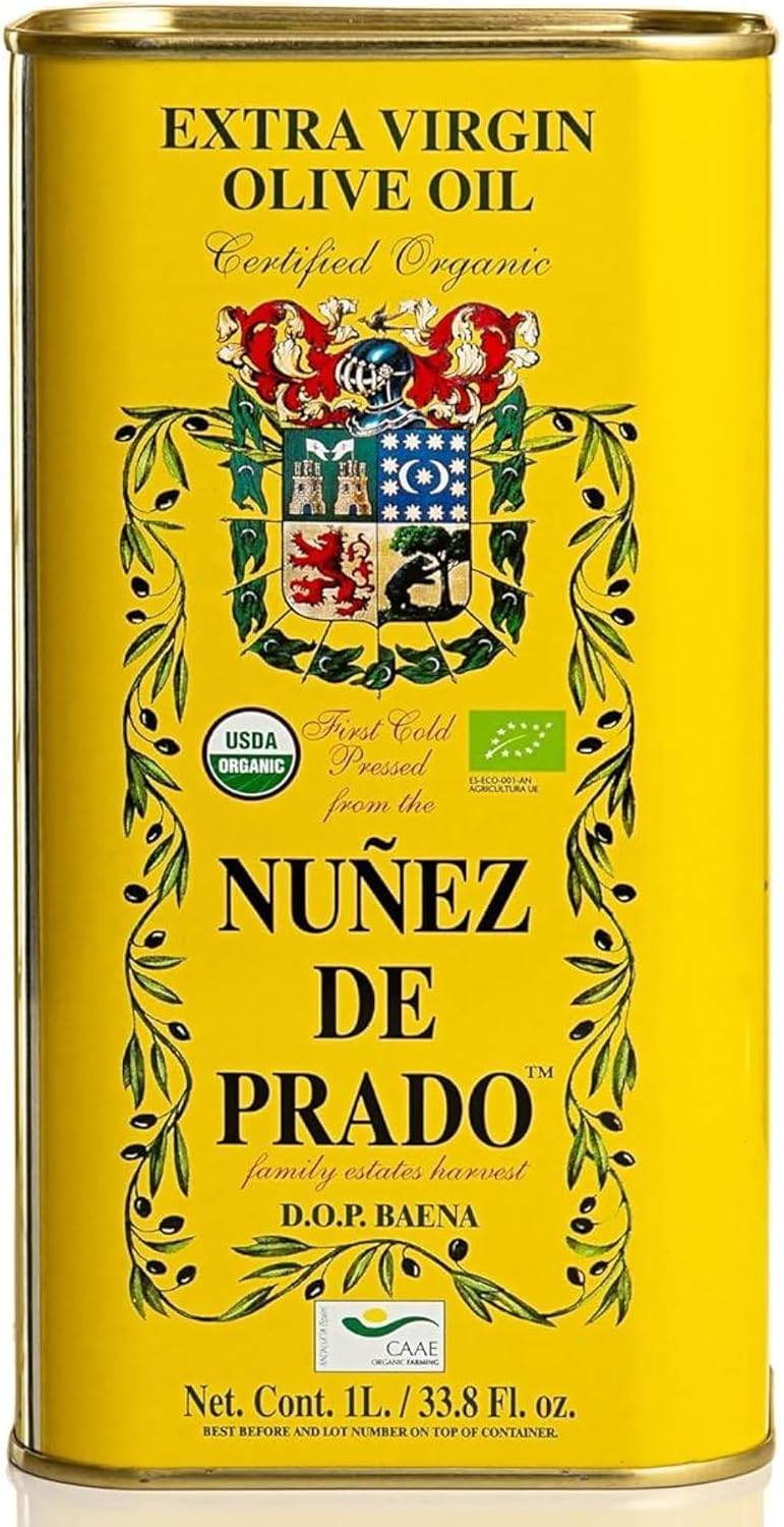 Nuñez de Prado Extra Virgin Olive Oil, 33.8 Fl Oz (1Liter)– USDA Organic, DOP Baena, First Cold Pressed, Family Estate Harvest [Pack of 2]