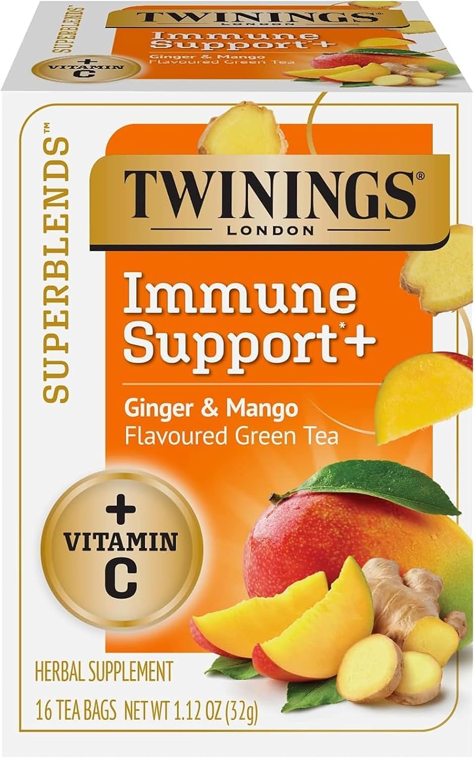 Twinings Superblends Immune Support+ Herbal Tea with Vitamin C, Ginger & Mango Flavoured Green Tea, 16 Tea Bags (Pack of 1), Enjoy Hot or Iced