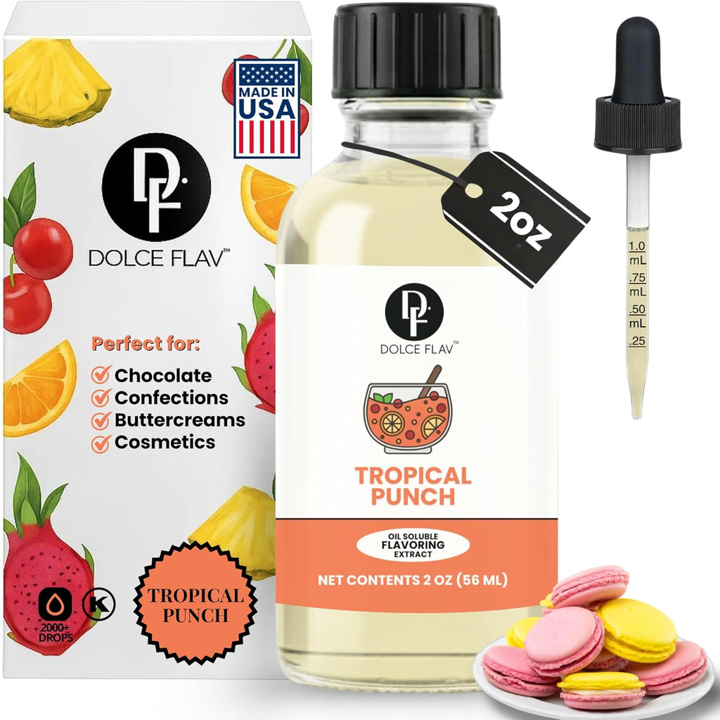 Dolce Flav Tropical Punch Extract – 2 Ounce Oil-Soluble Kosher, Sugar-Free, Concentrated Fruity Tropical Punch Flavoring for Baking, Smoothies & Desserts, Includes Measured Dropper