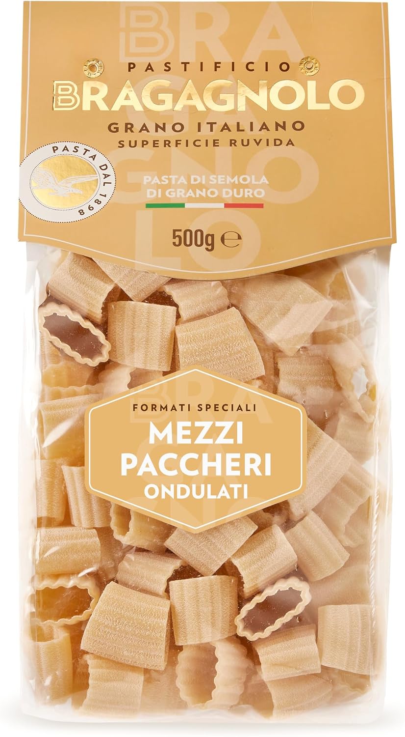 Pastificio Bragagnolo, Mezzi Paccheri Ondulati 887 Bronze-Drawn, 100% Italian Pasta, Made with Durum Wheat Semolina Flour, Non GMO (1 LB. BAG) - Consistently al Dente.