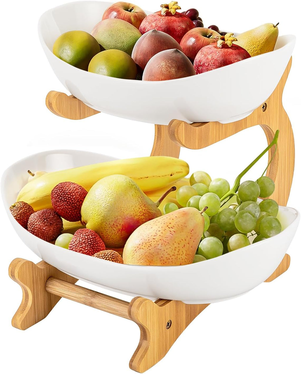 2 Tier Fruit Basket,Fruit Bowl for Kitchen Counter,Two Tier Serving Stand,Ceramic Fruit Bowl With Bamboo Wood Stand for Fruit Vegetable Storage Cake Dessert Nuts Snack Salad (White)