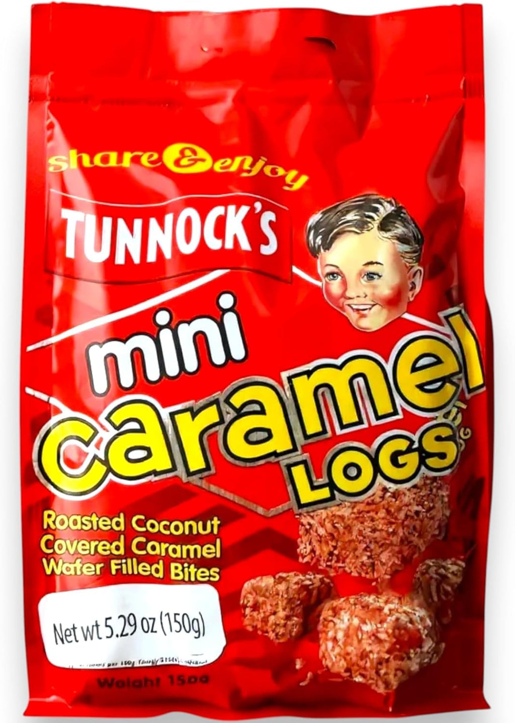 Tunnocks Mini Caramel wafer biscuits logs 5oz, covered with Roasted Coconut Wafer Bites, 150g