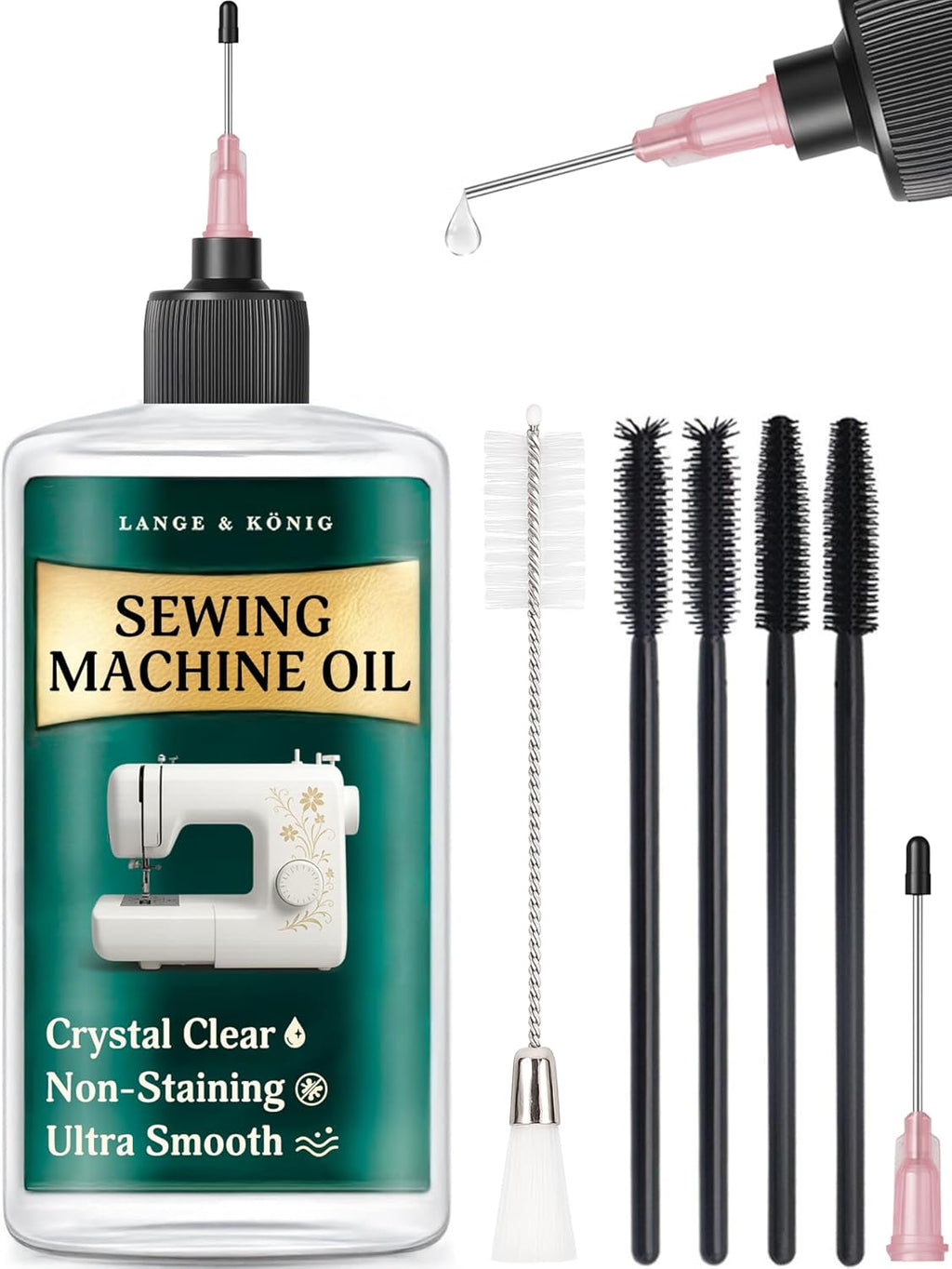 Lange & König 3.4 Oz Sewing Machine Oil Set Including 1" & 1.5" Precision Oil Applicators & 5X Specialized Deep Cleaning Brushes - Sewing Supplies, Sewing Products (Crystal Clear)