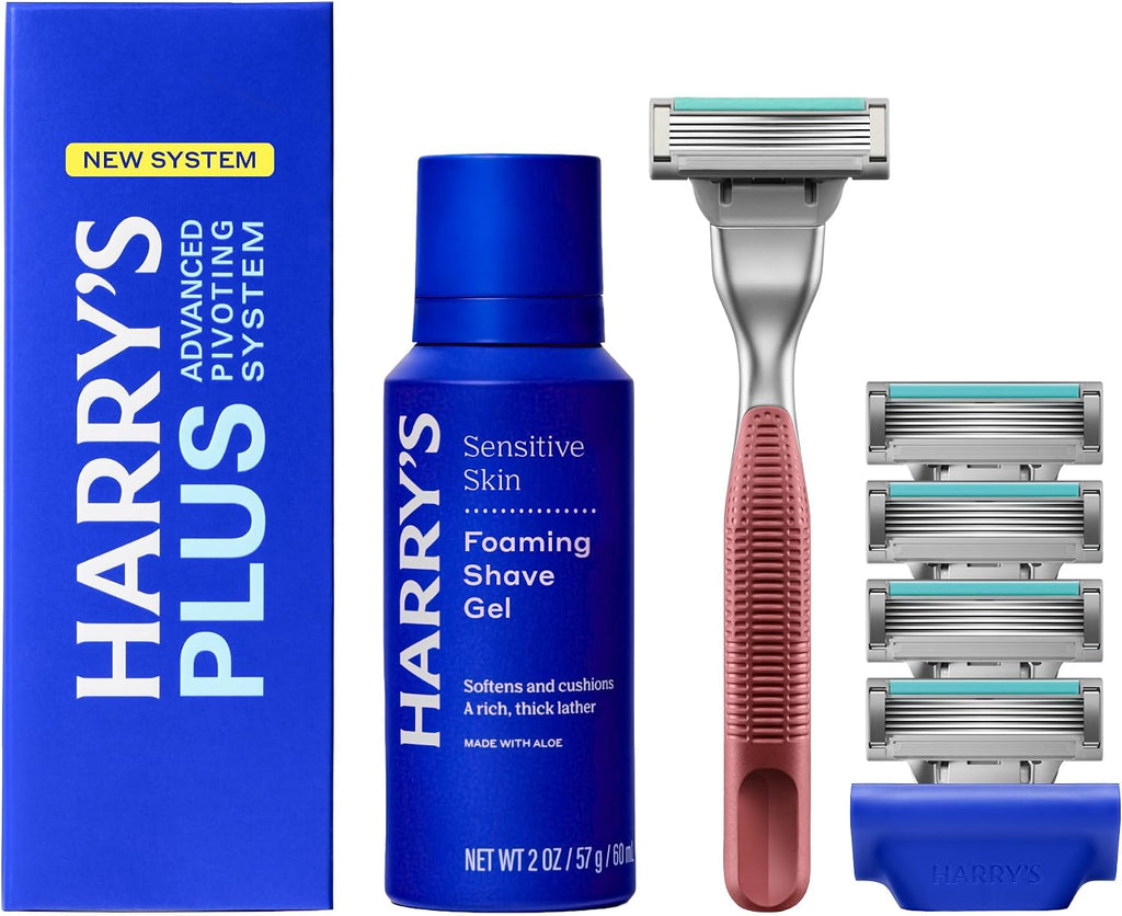 HARRY'S PLUS: Starter Shaving Kit for Men - Premium Handle, 5 Razor Blade Cartridges, 2 oz Foaming Shave Gel & Travel Cover, Advanced Pivoting System - Clay