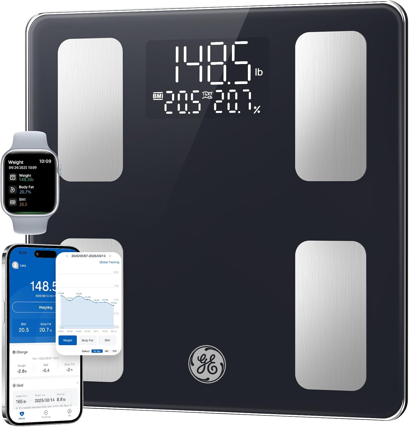 GE Smart Scale for Body Weight: BMI Body Fat Digital Bathroom Scales, 13 Body Composition Monitor Health Analyzer for Home Gym, Bluetooth App Sync, Accurate 400lb Weighing, Black 11inch