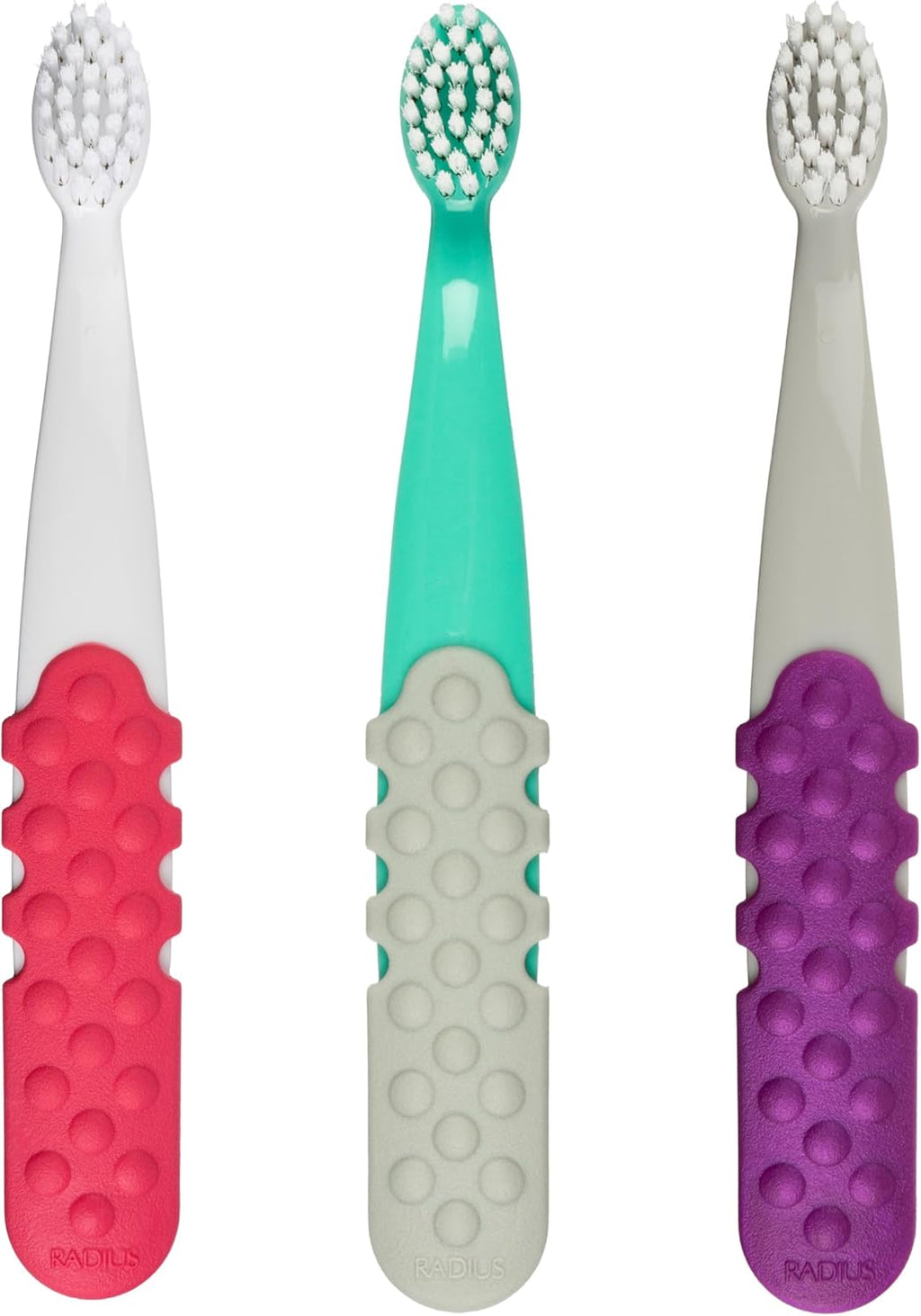 RADIUS Children's Toothbrush, Totz Plus Brush, Extra Soft Bristles, White & Coral/Mint & Grey/Grey & Purple, BPA Free ADA Accepted, for Delicate Teeth & Gums for Children 3 Years & Up, Pack of 3