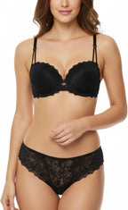 MONICA & ME Floral Lace Bra and Panty Set, Half Cup Design, Black and Dark Green