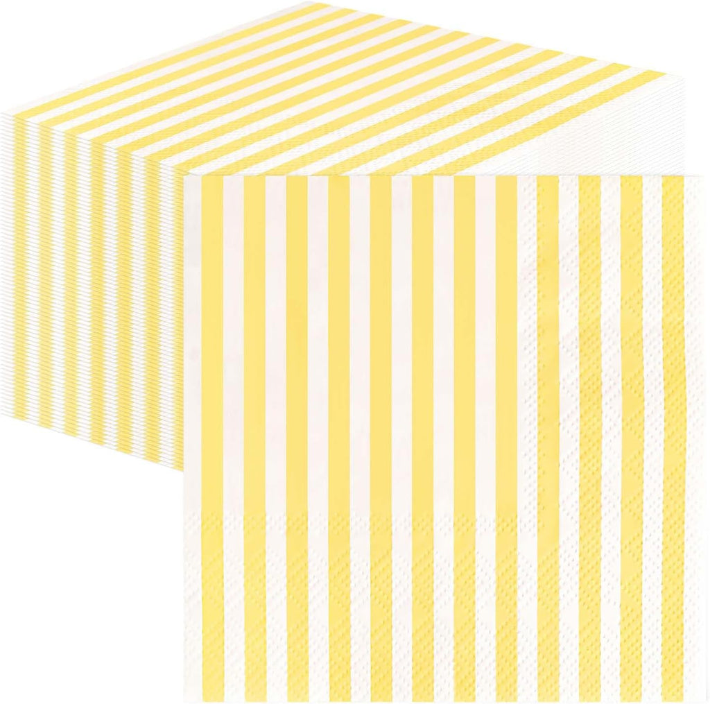 SietDESEO 50 Pieces Yellow Striped Napkins Disposable 3-Ply Yellow and White Striped Cocktail Napkins Paper Dinner Napkins for Birthday Baby Shower Wedding Party Beverage Napkin