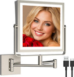 Ruacq Rechargeable Wall Mounted Makeup Mirror with Lights, Double Sided 1X/10X Magnifying Vanity Mirror with 3 Color Light, Touch Screen Dimmable, 360° Rotation Extension Foldable Arm(Brushed Nickel)