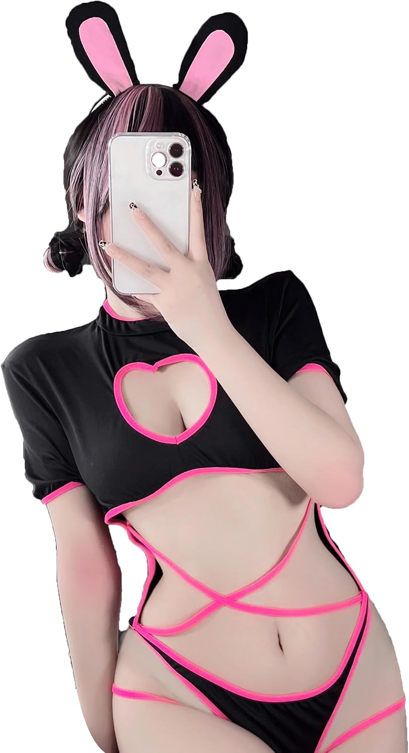 JasmyGirls Anime Lingerie Set Sexy Bunny Cosplay Costume Kawaii Maid Outfit Cute Bikini Heart One Piece Bodysuit