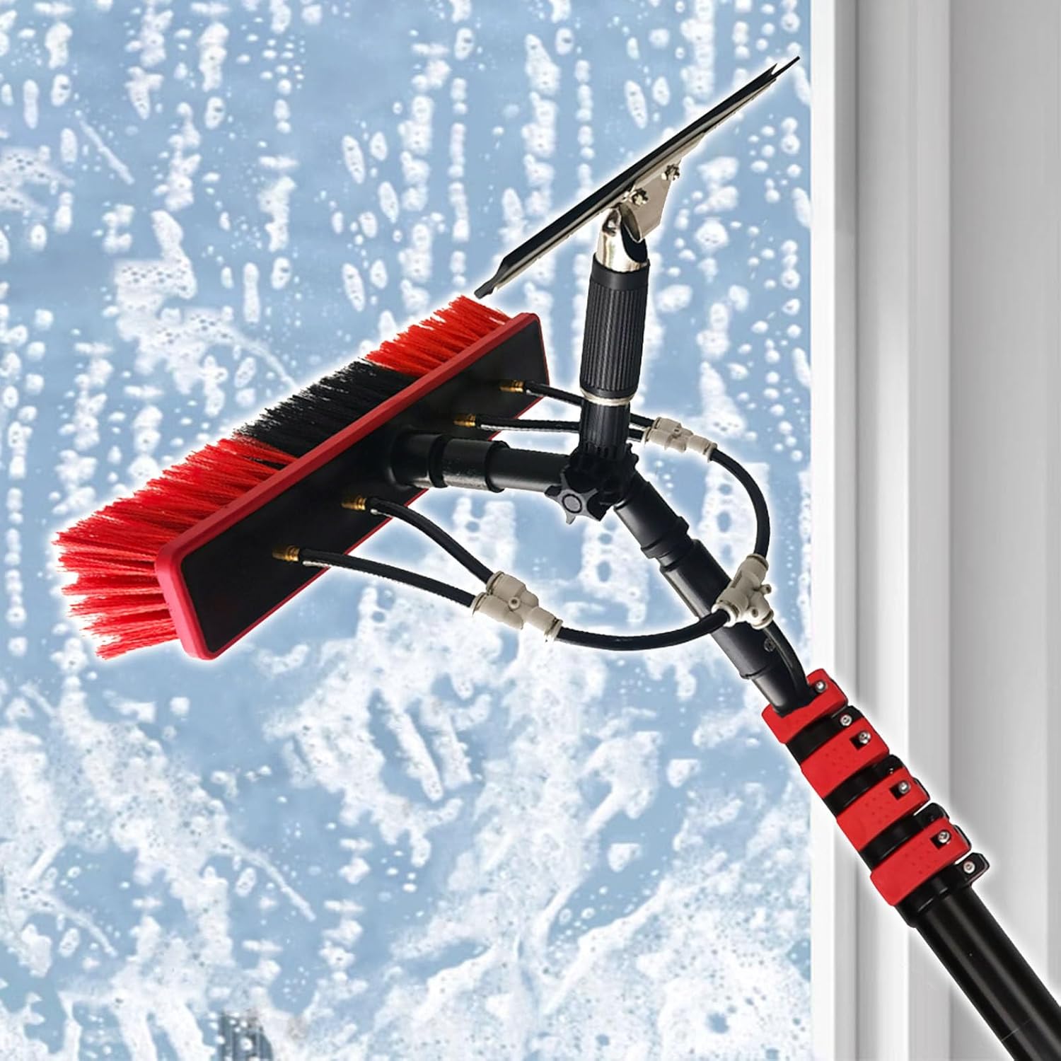 Water Fed Telescopic Brush, High Window Cleaning Kit with Poles & Squeegees, Extendable Outdoor Window Cleaner with Hose,7.2m/24ft