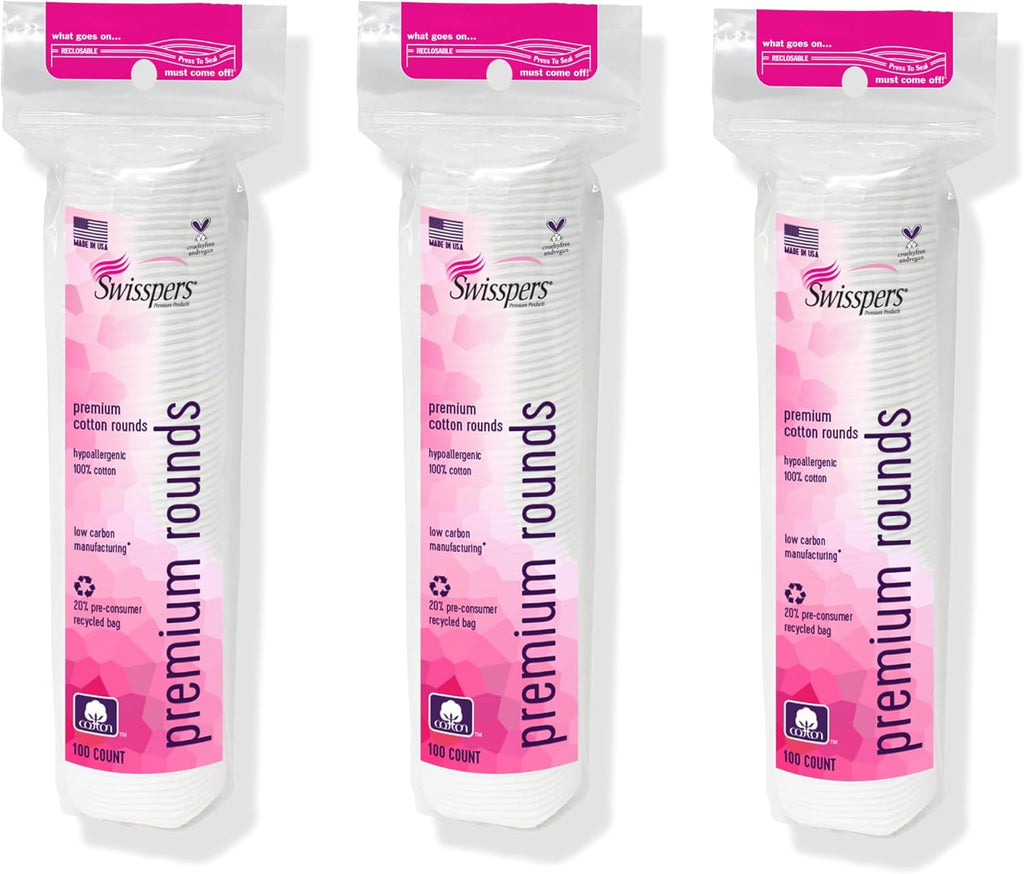Swisspers Premium Cotton Rounds, Dual Sided Pads - 100 Pads (Pack of 3) - 100% Pure Chlorine-Free Cotton, Hypoallergenic & Dermotologist Tested - Cotton Pads for Makeup & Nail Polish Removal