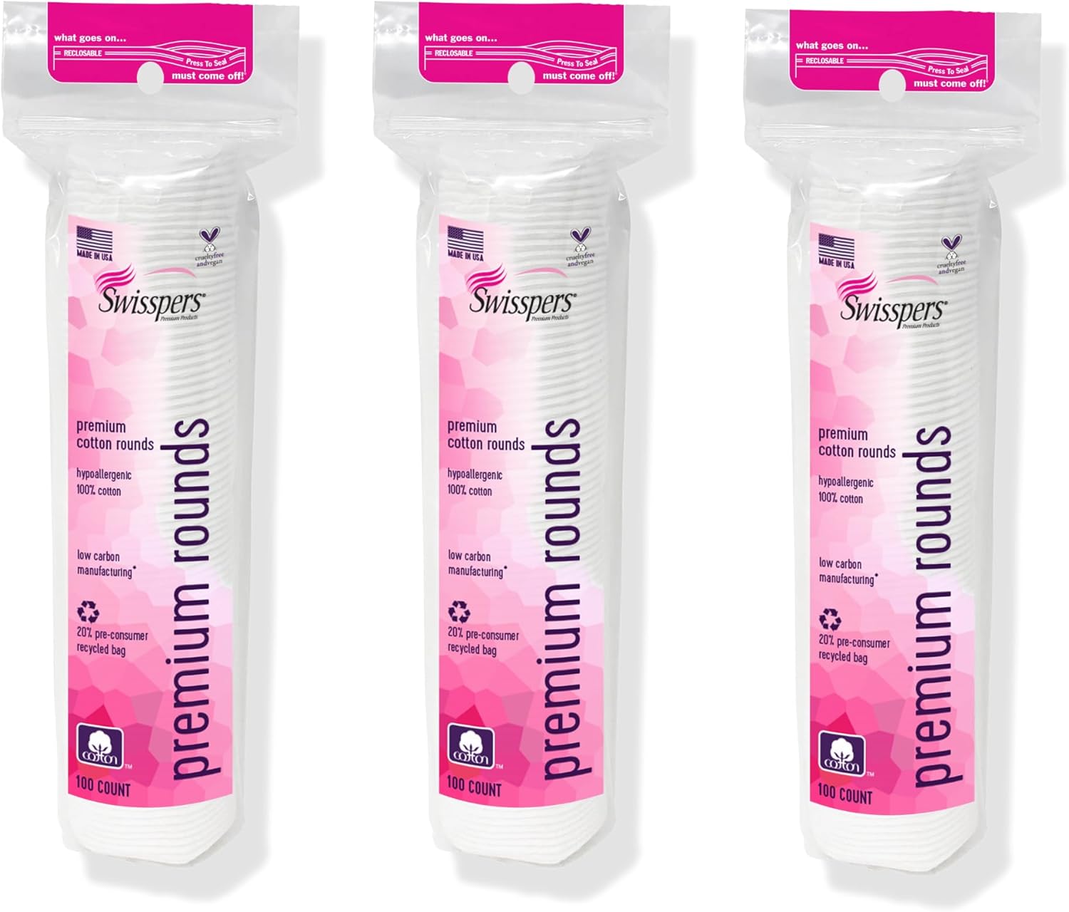 Swisspers Premium Cotton Rounds, Dual Sided Pads - 100 Pads (Pack of 3) - 100% Pure Chlorine-Free Cotton, Hypoallergenic & Dermotologist Tested - Cotton Pads for Makeup & Nail Polish Removal