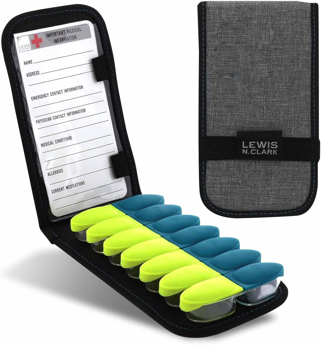 Lewis N. Clark Magnetic Folding Pill Organizer Supplement Case for OTC Medicine, Prescription Vitamins - 14 Slots, Gray/Black (B779)