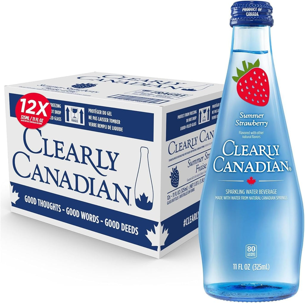 Clearly Canadian Sparkling Flavored Water, 11 oz Glass Bottles – Variety of Refreshing Flavors, Premium Carbonated Beverage, Available in 12-Pack and 24-Pack Options (12 Pack, Strawberry)