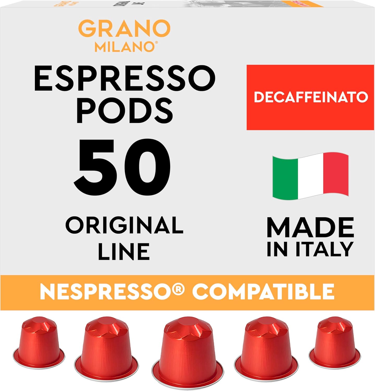 Grano Milano Decaffeinato - 50 Aluminium Espresso Pods Compatible with Nespresso Original line, Medium Roast - Intensity 9/12, Espresso Coffee Capsules Made in Italy