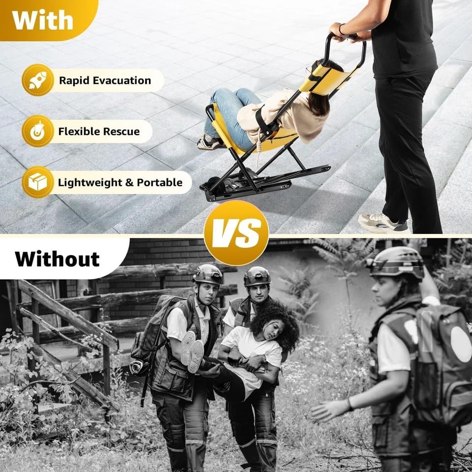 Folding Stair Chair with Wheels, 350 lbs Capacity Portable Evacuation Chair for Emergency, Manual Transport Stretcher for Home, Hospital, Public Spaces to Assist Moving Elderly, Yellow & Black