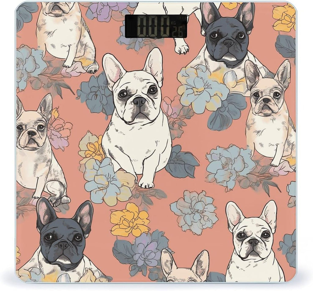 French Bulldog Print Scale for Body Weight Highly Accurate Digital Bathroom Body Scale Bright LCD Display & Large Clear Numbers Tempered Glass Safe Rounded Corners for Home Use
