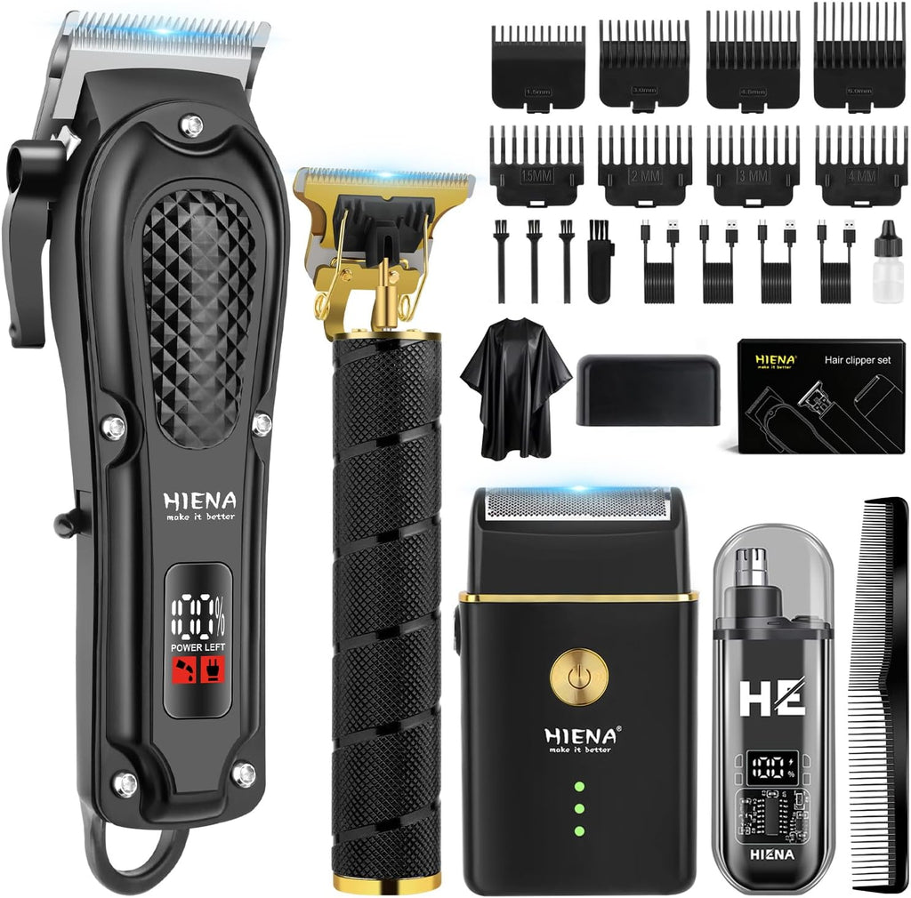 HIENA PRO Hair Clippers for Men Professional, Cordless Barber Clipper & T-Blade Beard/Hair Trimmer Set, Electric Razor Foil Shaver Nose Trimmer Barber Kit, Men's Hair Cutting Kit with 8 Guide Combs