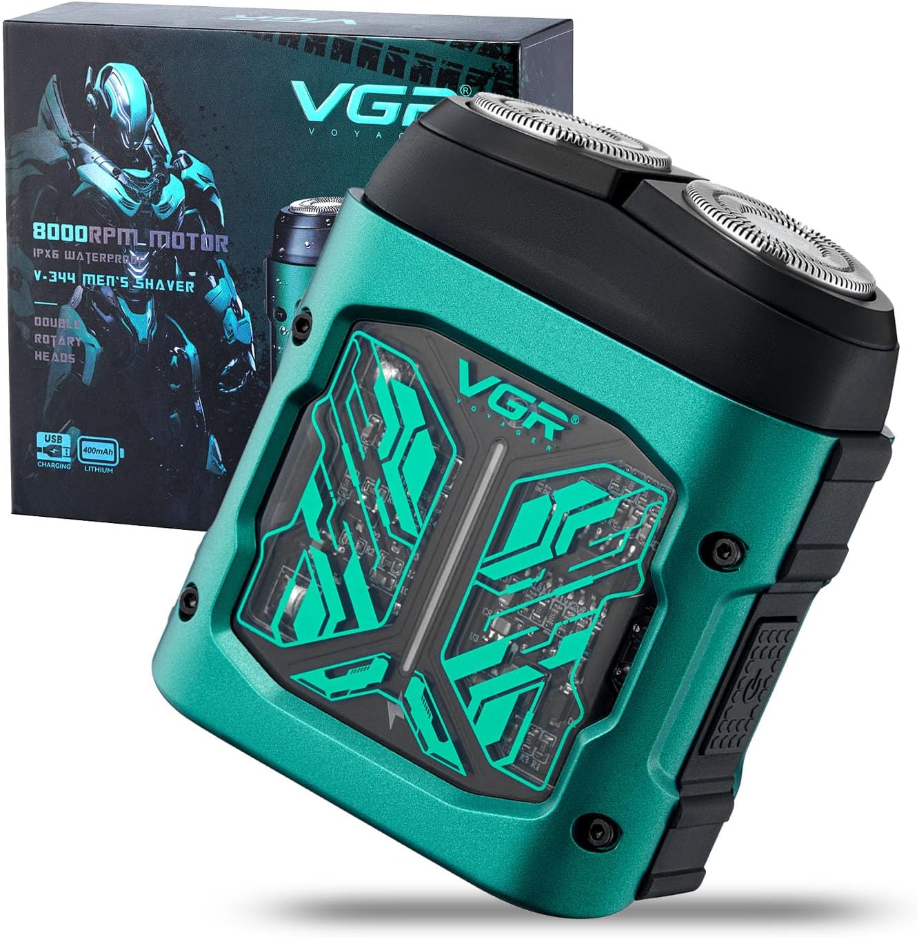 VGR 344 Mini Electric Shaver - USB Rechargeable Dual-Ring Rotary Razor, Portable IPX6 Wet/Dry Waterproof Face Shavers for Men, 8000 RPM Travel Electric Razor with Magnetic Cutter, Green