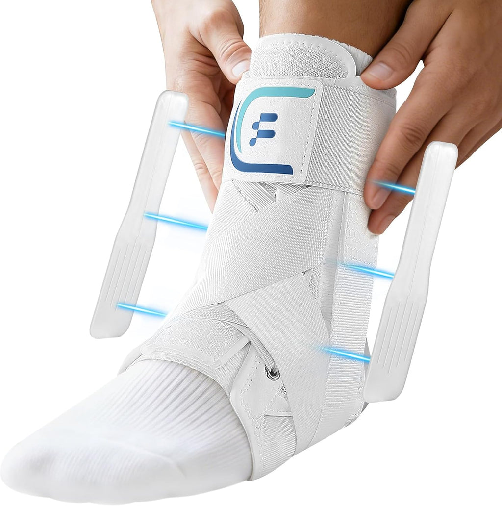 White Quick Lace Up Ankle Brace for Women Men with Removable Splints, Adjustable Ankle Support for Achilles Tendonitis, Ankle Sprain & Swelling Relief for Volleyball, Running & Daily Wear, L