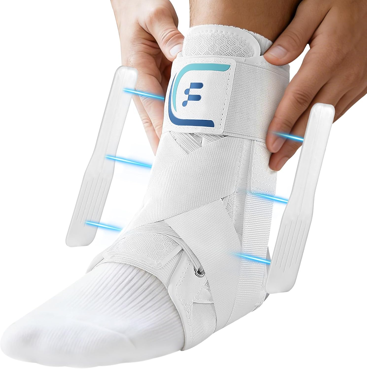 White Quick Lace Up Ankle Brace for Women Men with Removable Splints, Adjustable Ankle Support for Achilles Tendonitis, Ankle Sprain & Swelling Relief for Volleyball, Running & Daily Wear, L