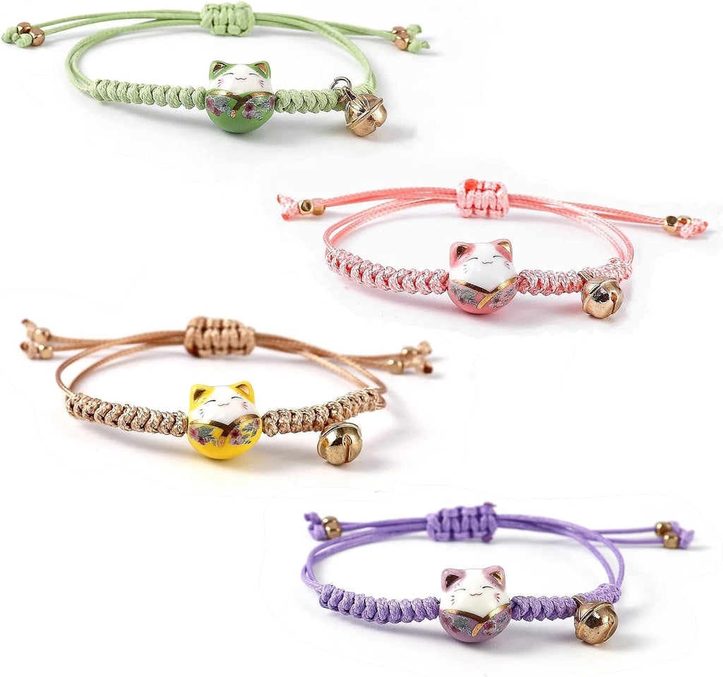4 Pieces Cat Maneki Neko Bracelet Cute Lucky Cat Ceramic Beads Bracelets Feng Shui Lucky Bracelet Japanese Fortune String Bracelet with Bell, Adjustable