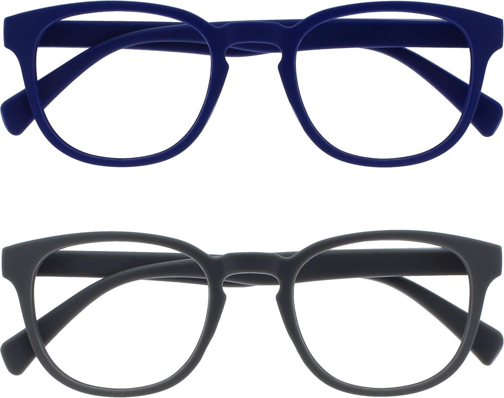 OPULIZE POP Reading Glasses for Women Men,Scratch Resistant Round Matt Frame with Spring Hinges, Blue, Grey +2.00 (Pack of 2)