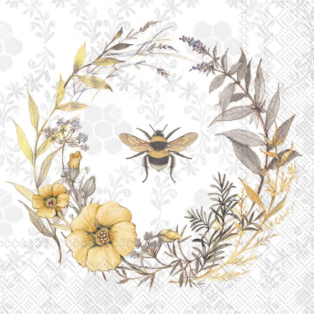 Boston International IHR 3-Ply Cocktail Beverage Paper Napkins, 20-Count, 5 x 5-Inches, Bee Wildflower Wreath