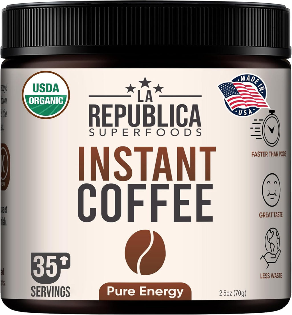 La Republica Organic Instant Coffee – Medium Roast Arabica with Smooth Caramel Notes for Clean Energy – Fair Trade, USA Made – 35 Serving