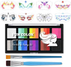10 Color Rainbow Face Paint Kit with Face Stencils & Brushes - Split Cake Water Activated Palette,Washable Face Paint for Kids, Adults, Professionals Set for Halloween, Cosplay, Parties, Body Art（#02）