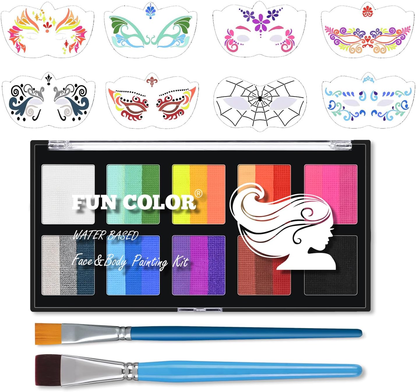 10 Color Rainbow Face Paint Kit with Face Stencils & Brushes - Split Cake Water Activated Palette,Washable Face Paint for Kids, Adults, Professionals Set for Halloween, Cosplay, Parties, Body Art（#02）