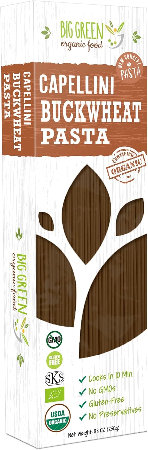 Big Green Organic Food- Organic Buckwheat Capellini, 8.8oz, 100% buckwheat, Gluten-Free, Non-GMO (1 Pack)