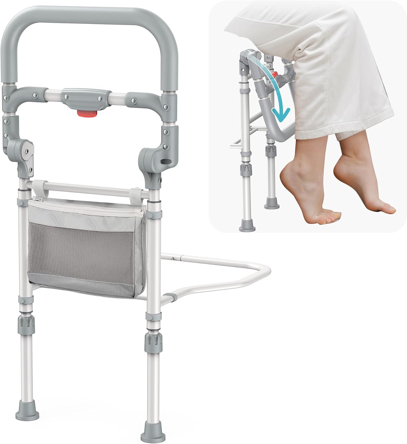 inkolelo Bed Rails for Elderly Adults Safety Foldable Bed Side Assist Rail for Seniors with Storage Pocket, Adjustable Height Bedrails for Queen King Full Size Bed, 400 Lbs