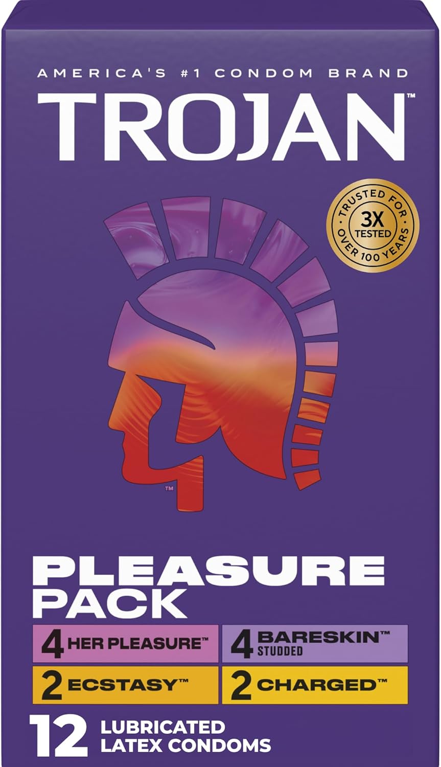 Trojan Pleasure Pack, Assorted Latex Lubricated Condoms for Men, Her Pleasure, Bareskin Studded, Ecstasy & Charged Varieties, 12 Count