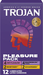 Trojan Pleasure Pack, Assorted Latex Lubricated Condoms for Men, Her Pleasure, Bareskin Studded, Ecstasy & Charged Varieties, 12 Count