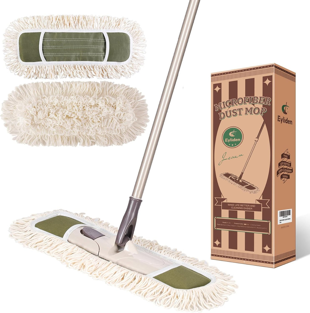 Eyliden Dust Mop with Reusable Washable Pads - One Touch Replacement, Height Adjustable Handle, Total 2 Mop Cloths, Wet Dry Mops for Floor Cleaning, Hardwood, Laminate, Tile Floor Push Dust Broom