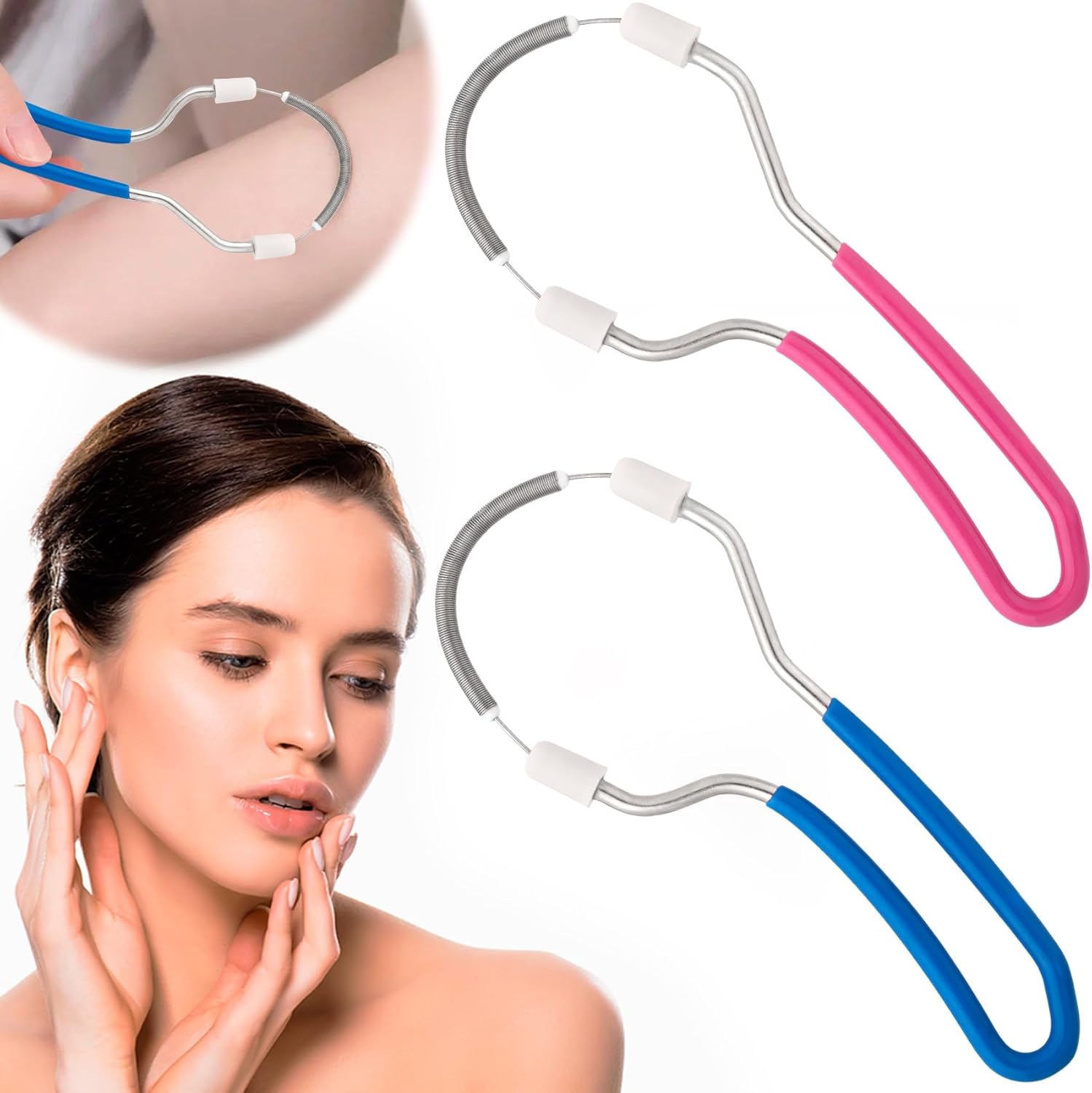 2PCS Spring Facial Hair Remover, Manual Face Epilator with Handle, Portable Facial Threading Hair Remover, Mild Fair Removal Tool for Women Men - Blue, Pink