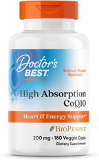 Doctor's Best High Absorption CoQ10 200mg with BioPerine Supplement - Coenzyme Q10 Caps for Heart Health & Antioxidant Support, CoQ10 200 mg for Women & Men, Non GMO - 180 Veg Capsules